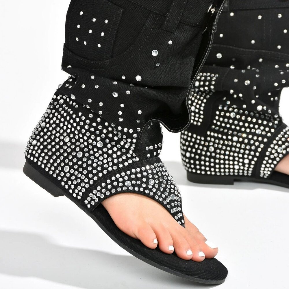NEWπ₯ Rhinestone Embellished Slouchy Jean Sandals Mid-Calf Boots Thong Open Toe - Picture 5 of 6